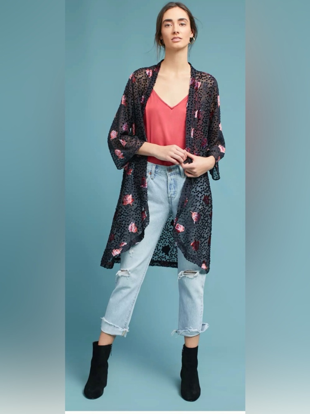 Anthropologie Floreat Dotty Velvet Burnout Kimono one size M navy blue